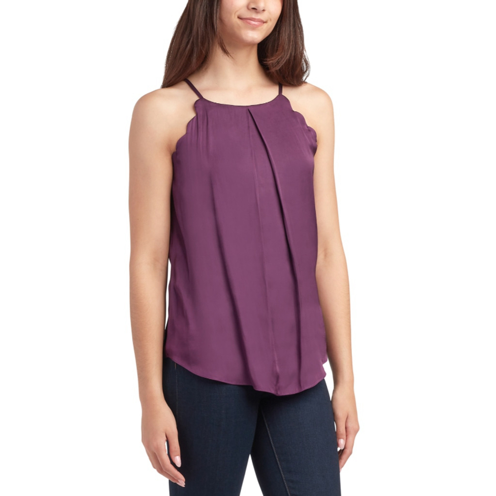 BCX Juniors' XS High-Neck Scallop-Edge Purple Sleeveless Satin Top NWT